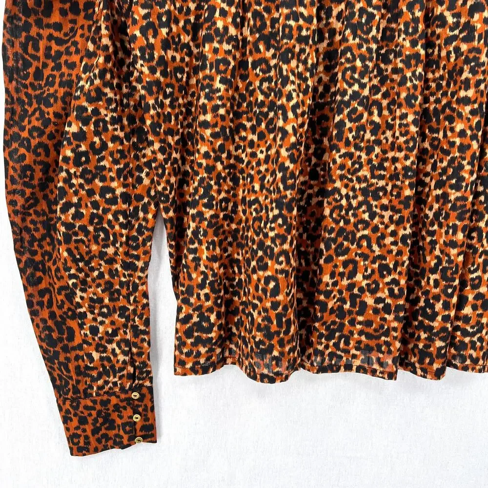 ULLA JOHNSON Vesna Blouse Womens 4 Brown Black Leopard Print Cotton Puff Sleeve